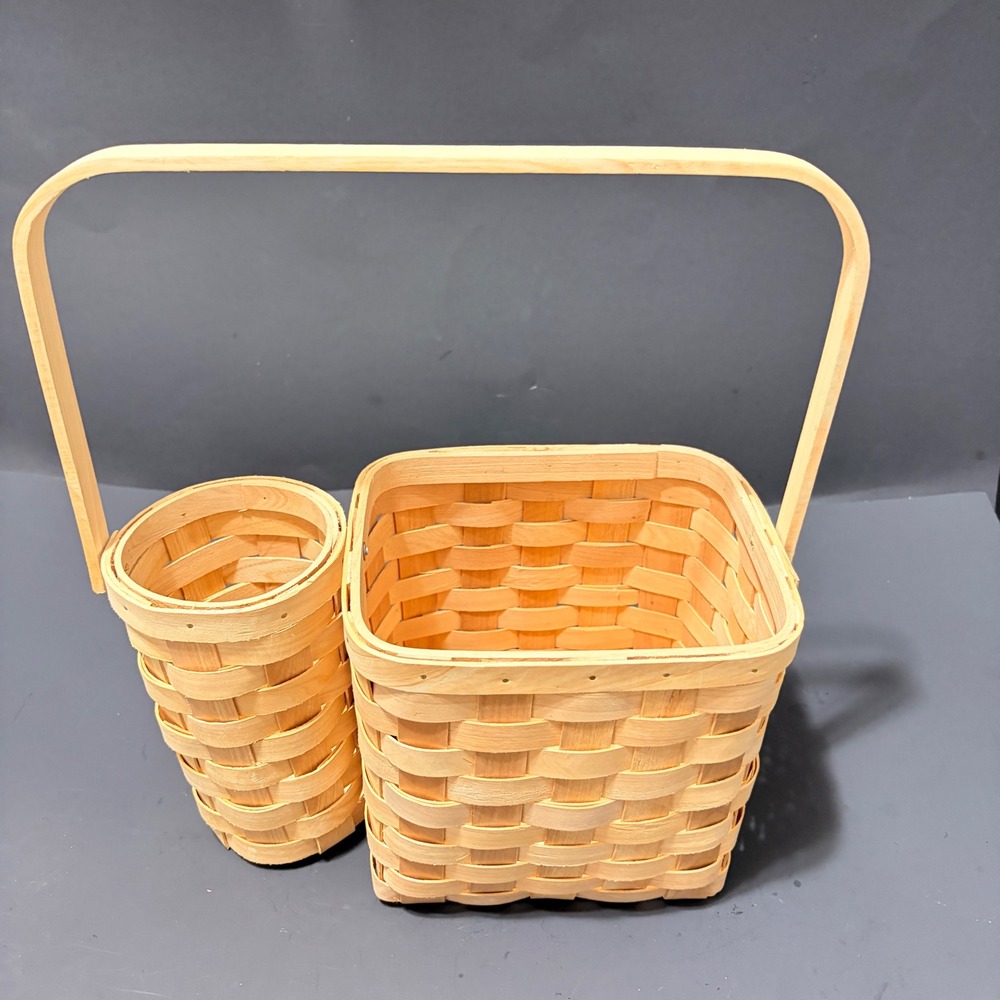 Natural Woven Wood Dual Compartment Basket with Handle Rustic Picnic Caddy